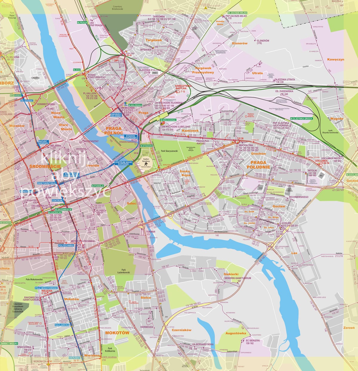 Mappa della rete degli autobus di Varsavia