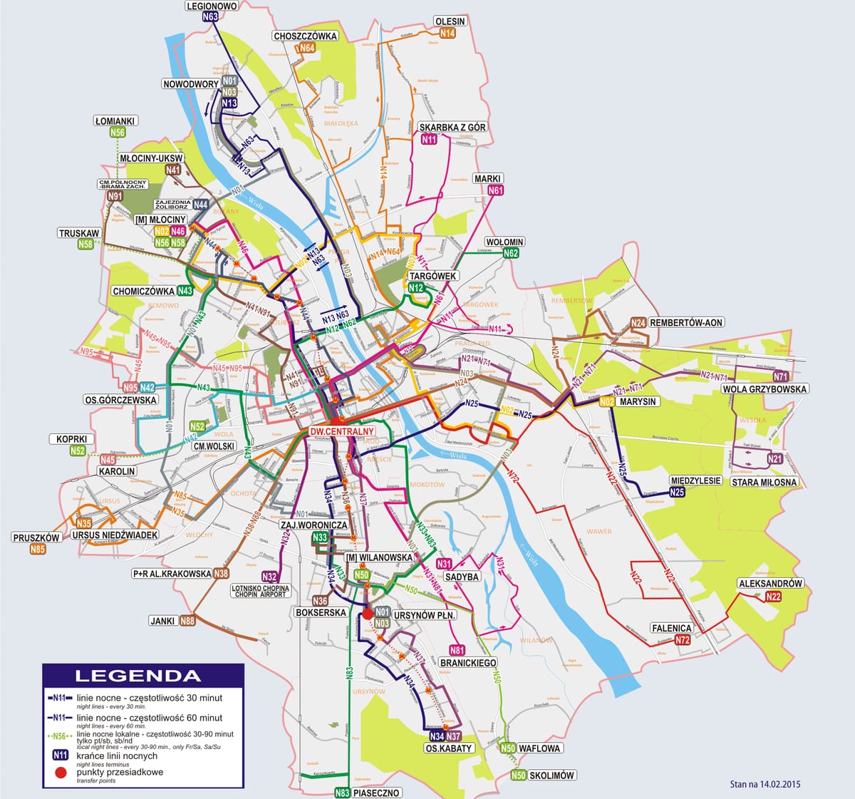 Mappa della rete degli autobus notturni di Varsavia