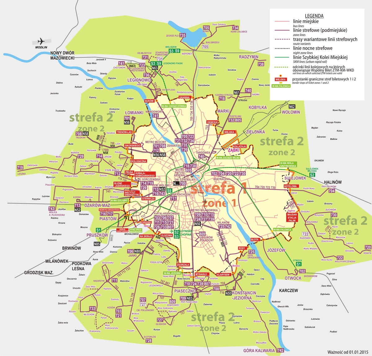 Mappa della rete degli autobus suburbani di Varsavia