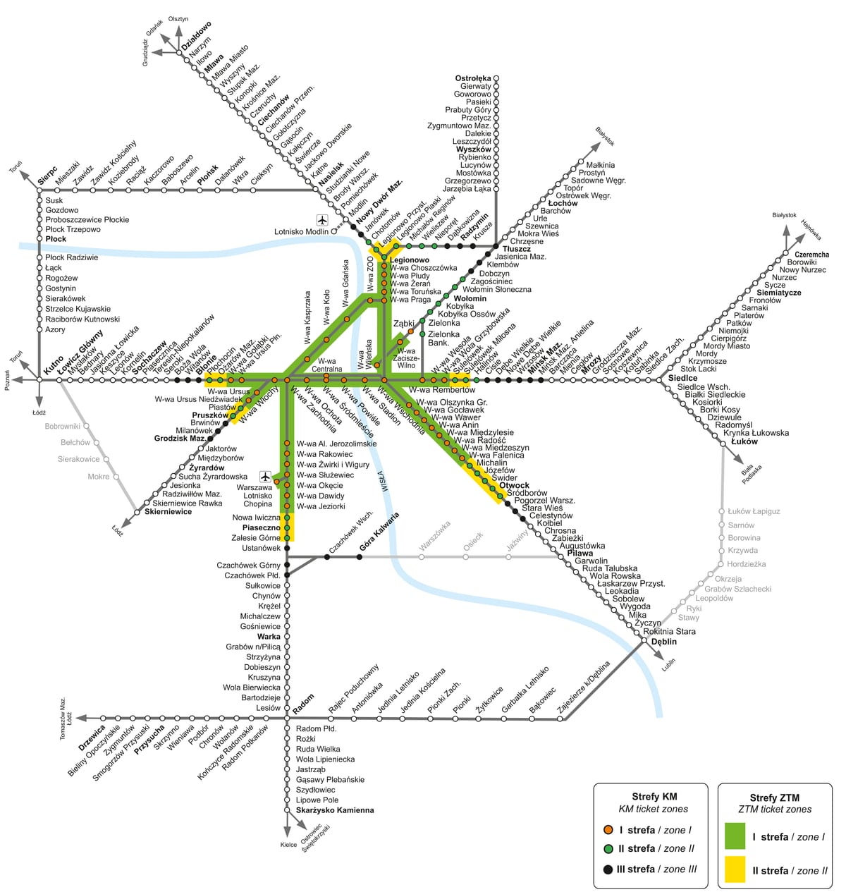Mappa della rete ferroviaria urbana e suburbana KM di Varsavia
