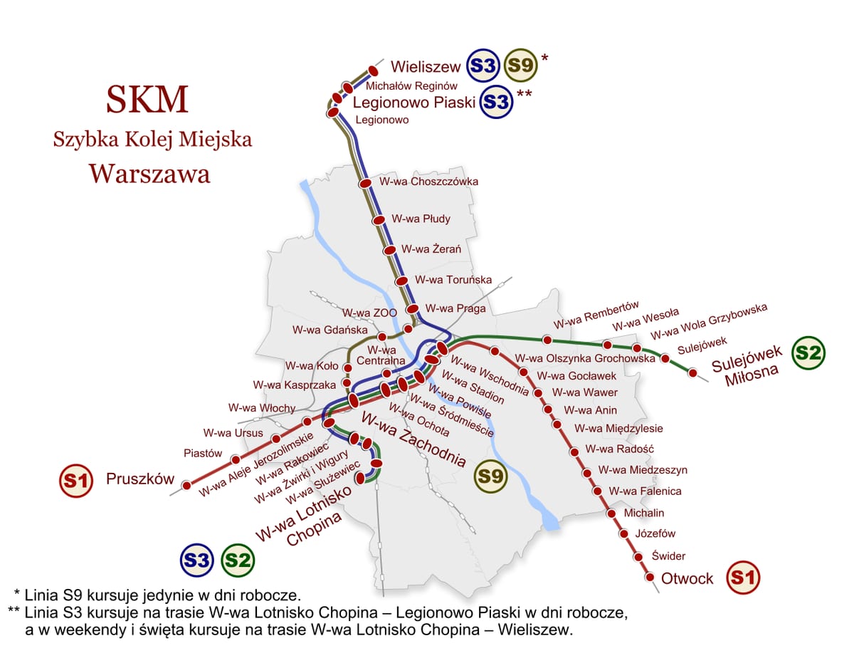 Mappa della rete ferroviaria urbana e suburbana SKM di Varsavia