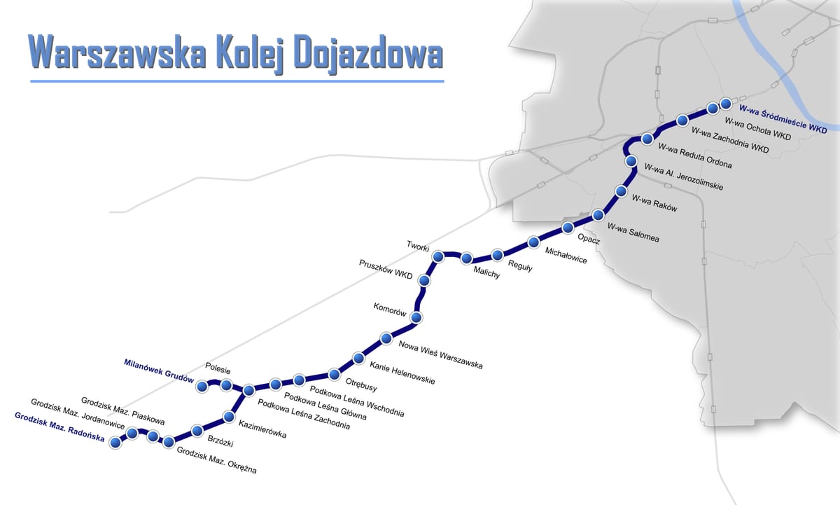 Mappa della rete ferroviaria urbana e suburbana WKD di Varsavia
